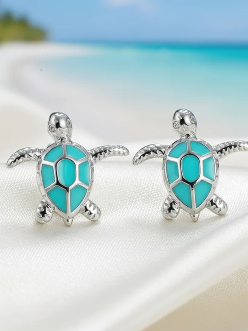 Turquoise Sea Shell & Turtle Mixed Stud Earring Set - Gold and Silver - Picture 5 of 10